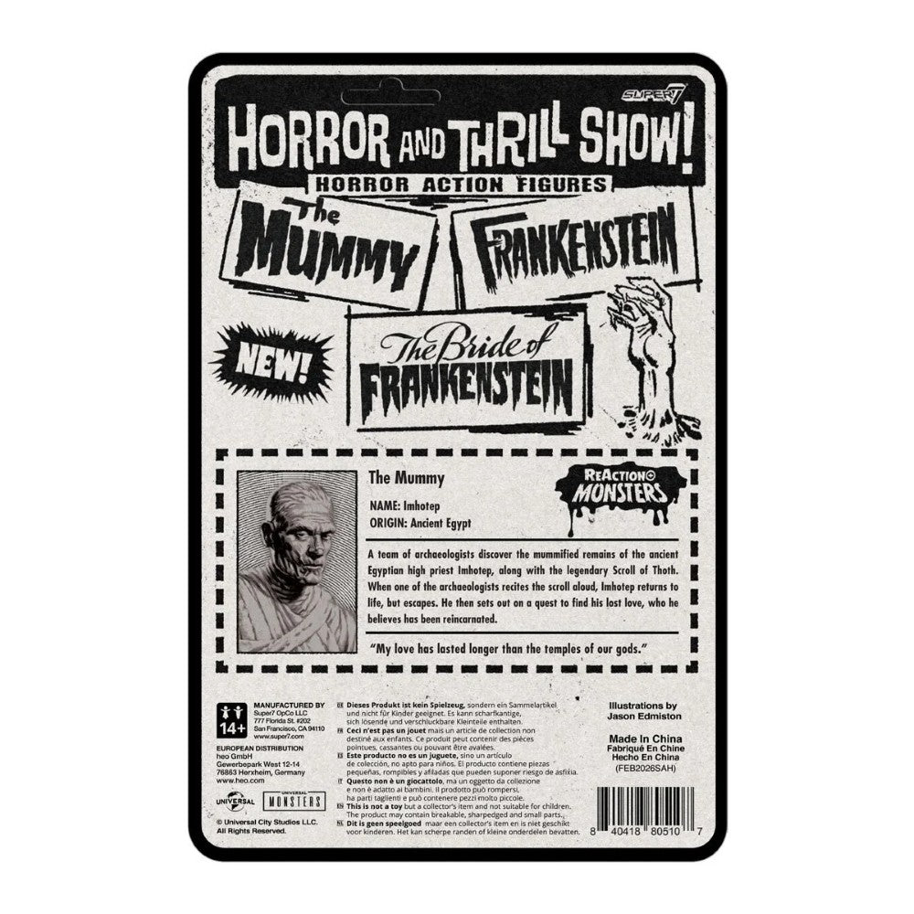 Universal Monsters The Mummy 3 3/4-inch ReAction+ Figure packaging back card by Super7 with character bio and vintage design.