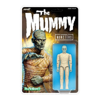Universal Monsters The Mummy 3 3/4-inch ReAction+ Figure by Super7 with beige bandaged design in blister card packaging