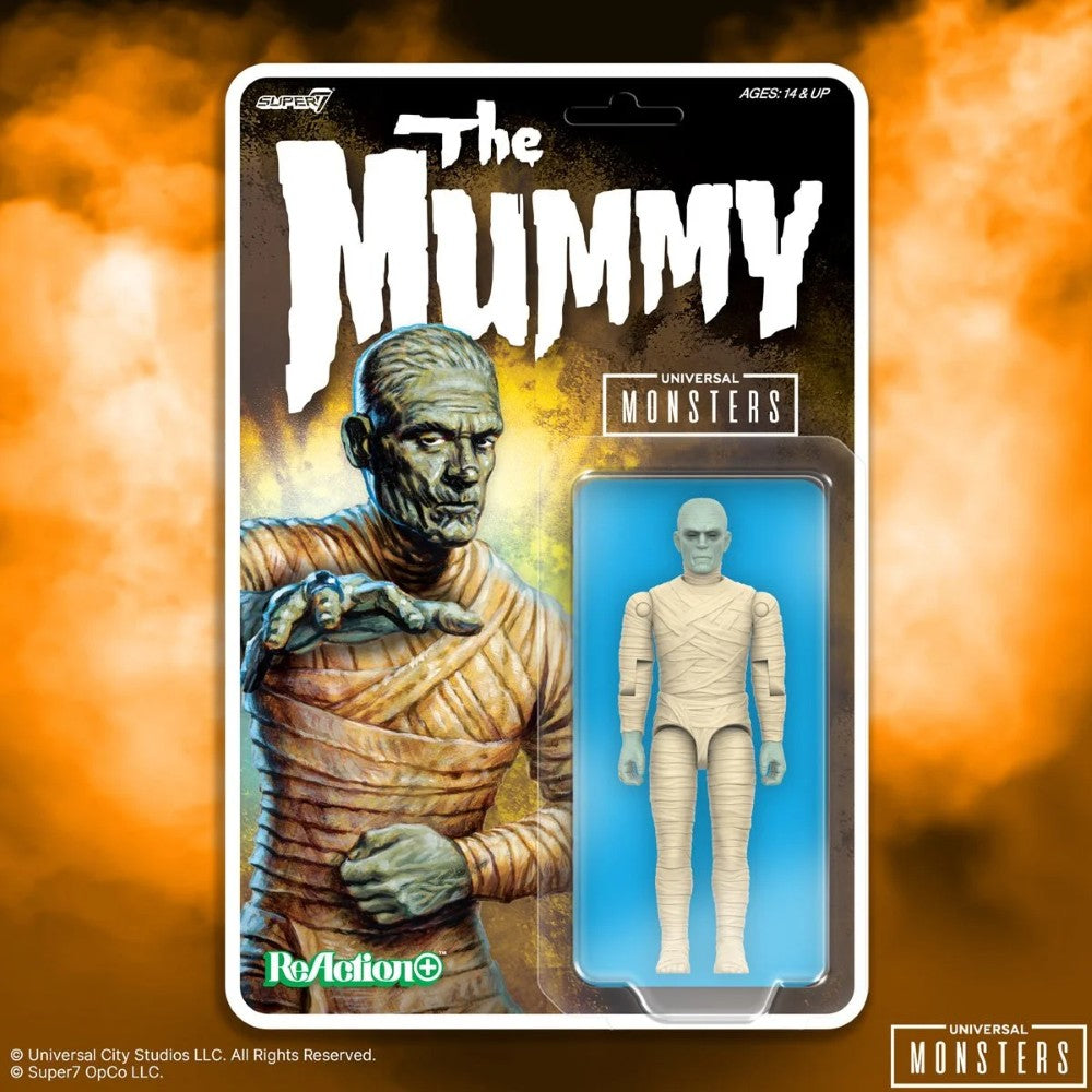 Universal Monsters The Mummy 3 3/4-inch ReAction+ Figure by Super7, wrapped mummy in vintage style packaging