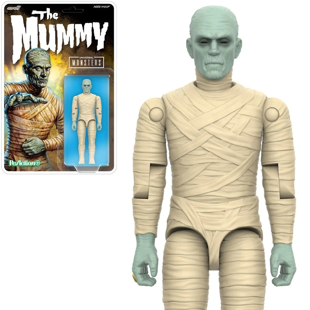 Universal Monsters The Mummy 3 3/4-inch ReAction+ Figure by Super7 with articulated joints and beige bandages, new in box.