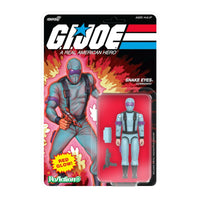 Super7 G.I. Joe Snake Eyes action figure in arctic suit with weapons and red glow sticker in retro blister card packaging