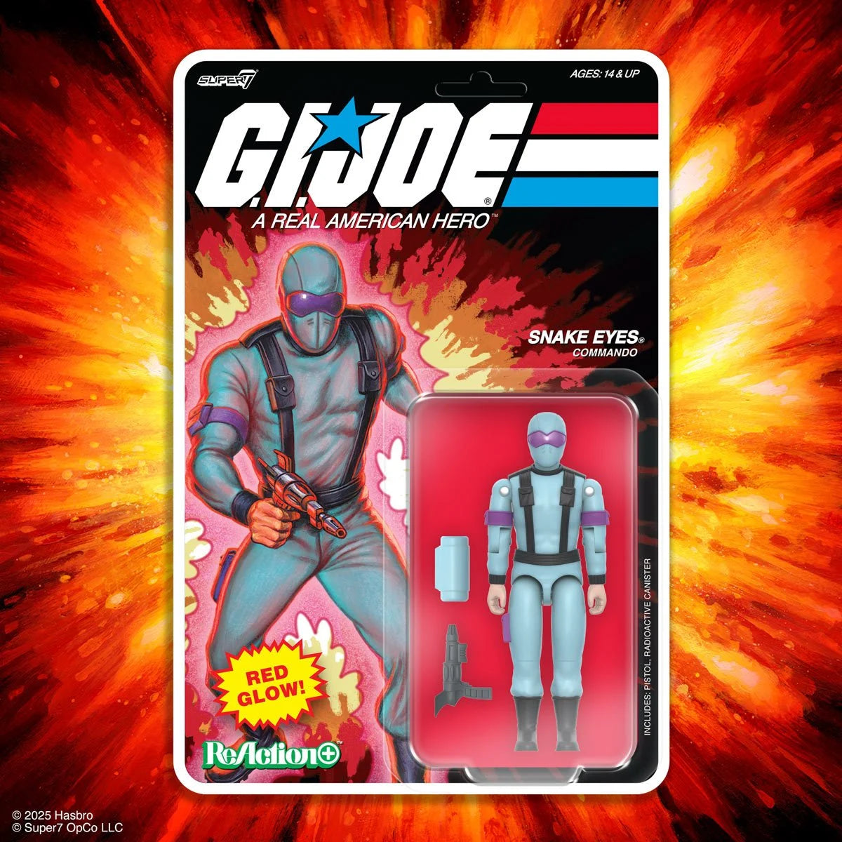 Super7 GI Joe Snake Eyes Red Glow crystal figure in 3.75-inch retro card packaging with weapons and accessories