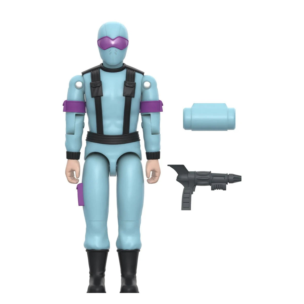 Super7 Snake Eyes figure in light blue suit with purple visor, black boots, harness, and accessories on white background