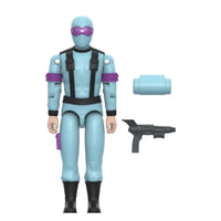 Super7 Snake Eyes figure in light blue suit with purple visor, black boots, harness, and accessories on white background