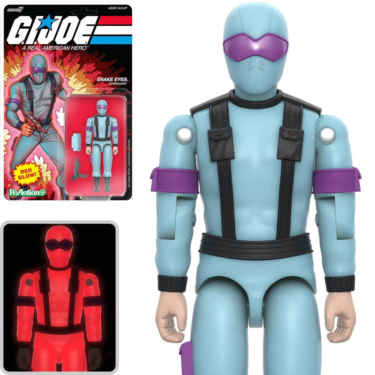 Super7 Snake Eyes action figure in light blue with purple visor and black straps, shown with packaging and red glow effect