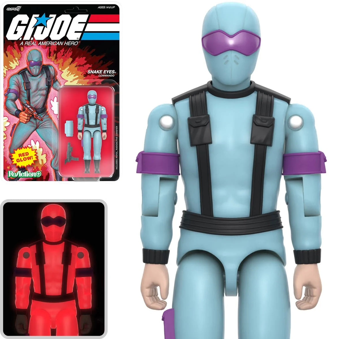 Super7 Snake Eyes action figure in light blue with purple visor and black straps, shown with packaging and red glow effect
