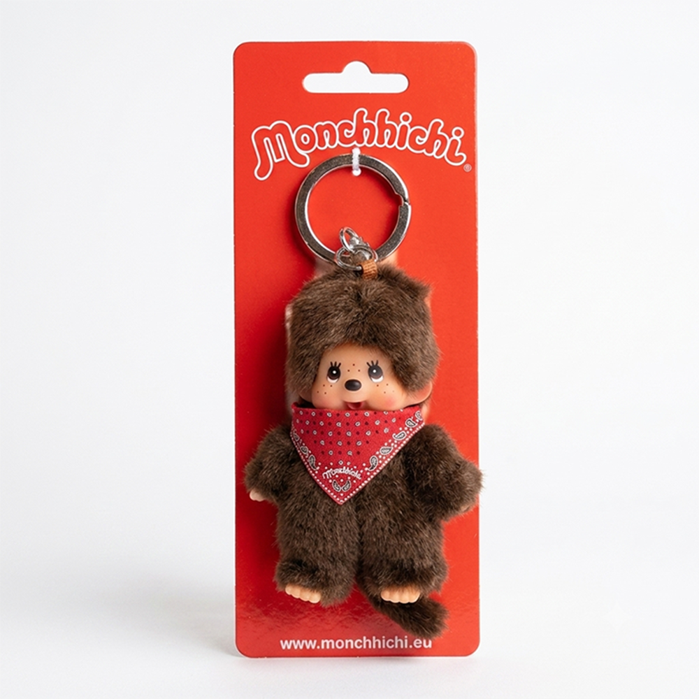 4" Monchhichi Keychain - Classic Boy, Red Handkerchief Mascot - Authentic Plush Mascot, NWT by Sekiguchi