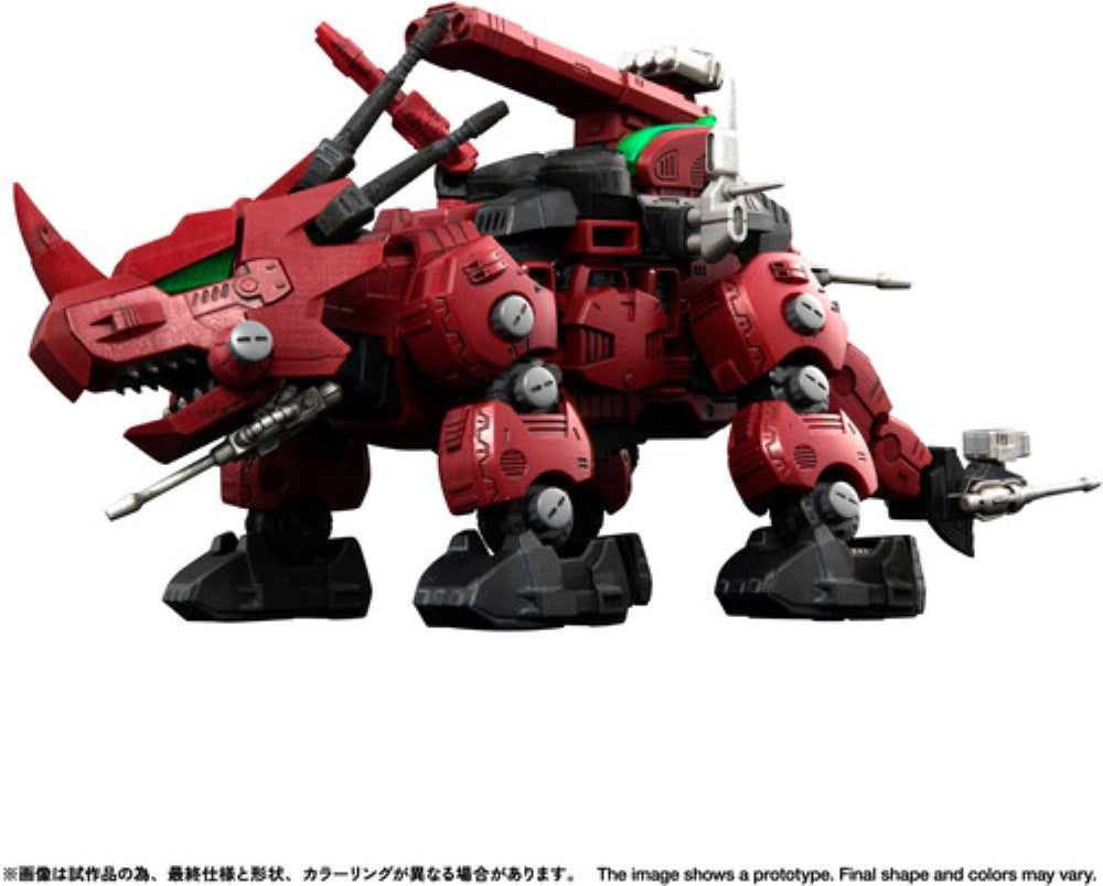 Red Horn ZOIDS RMZ-014 Styracosaurus Type 1/100 Model Kit by Kotobukiya detailed red dinosaur mech model.