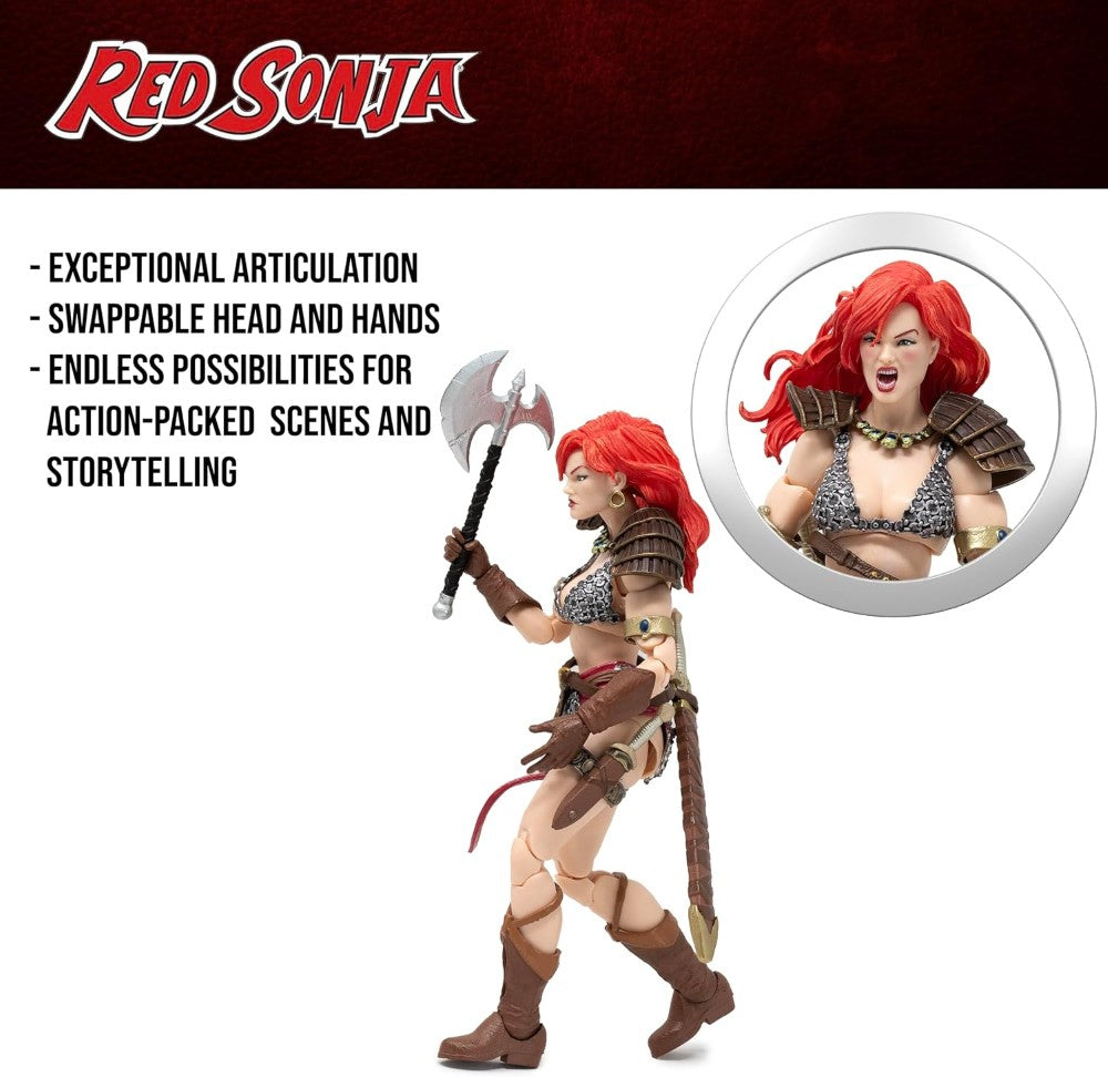 Red Sonja Deluxe Action Figure with Gladiator & Barbarian Skeletons Sold as Set of 3, red-haired warrior with axe