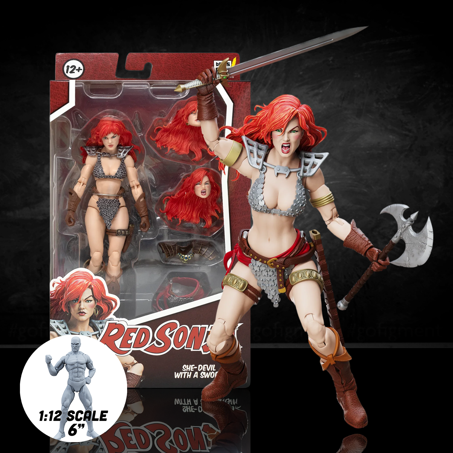 Red Sonja 50th Anniversary Epic H.A.C.K.S. 1:12 Scale Action Figure - Boss Fight Studio with weapons and extra heads