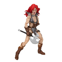Red Sonja 50th Anniversary Epic H.A.C.K.S. 1:12 Scale Action Figure - Boss Fight Studio Llc posing with axe weapon accessory