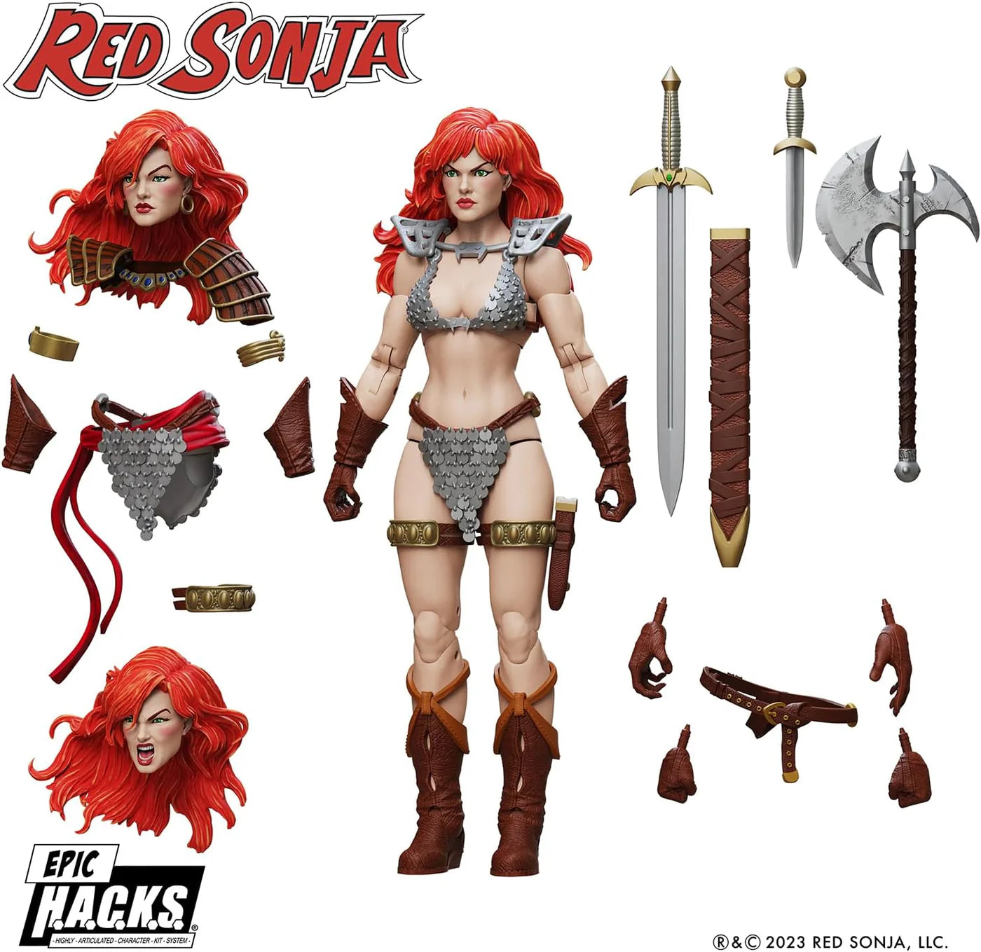 Red Sonja 50th Anniversary Epic H.A.C.K.S. 1:12 Scale Action Figure - Boss Fight Studio with weapons and extra heads