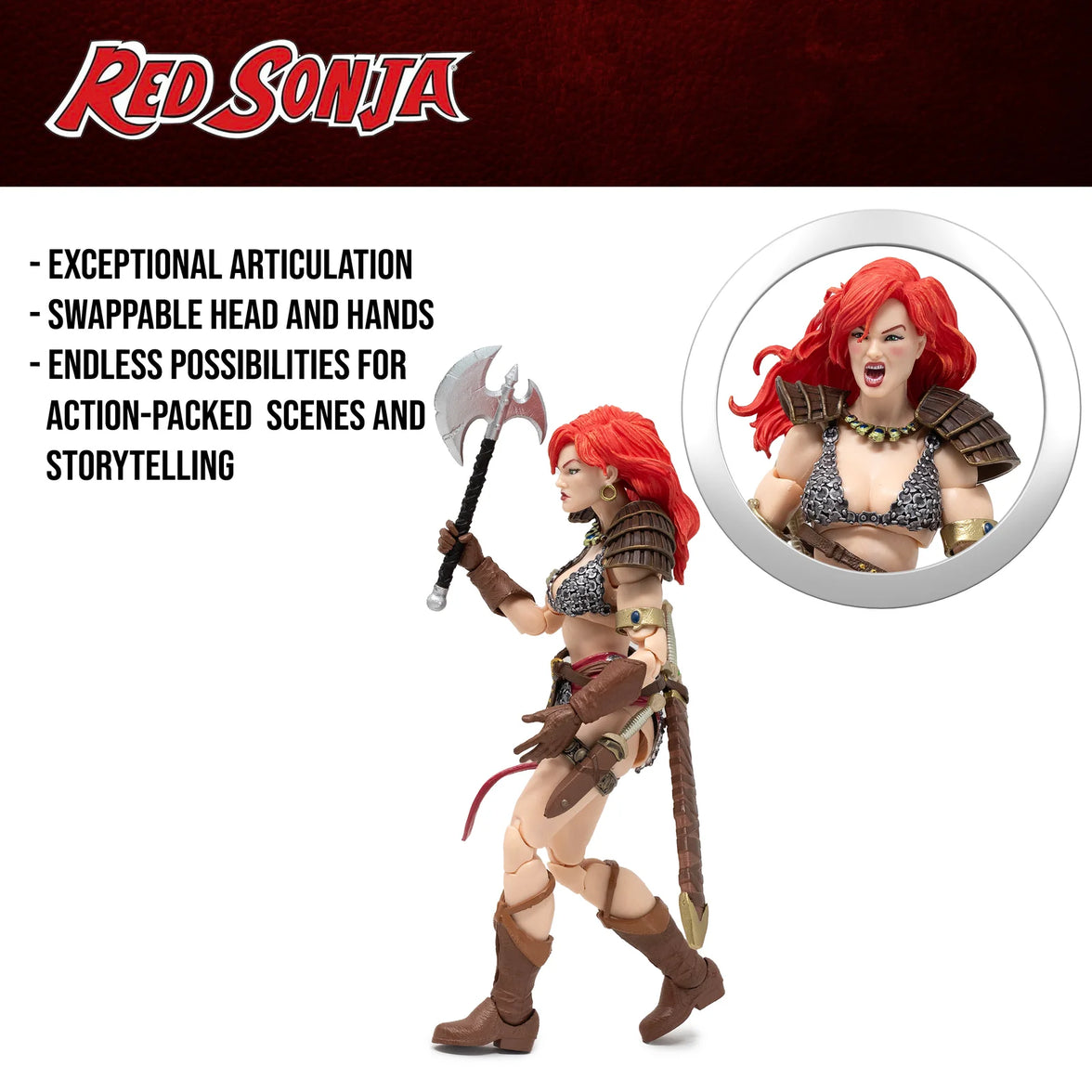 Red Sonja 50th Anniversary Epic H.A.C.K.S. 1:12 Scale Action Figure - Boss Fight Studio Llc with axe and swappable heads