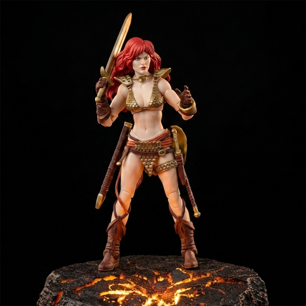 Red Sonja: Gold and Red Limited Edition Epic H.A.C.K.S. 1:12 Scale Action Figure - Boss Fight Studio Llc on lava base with sword and armor