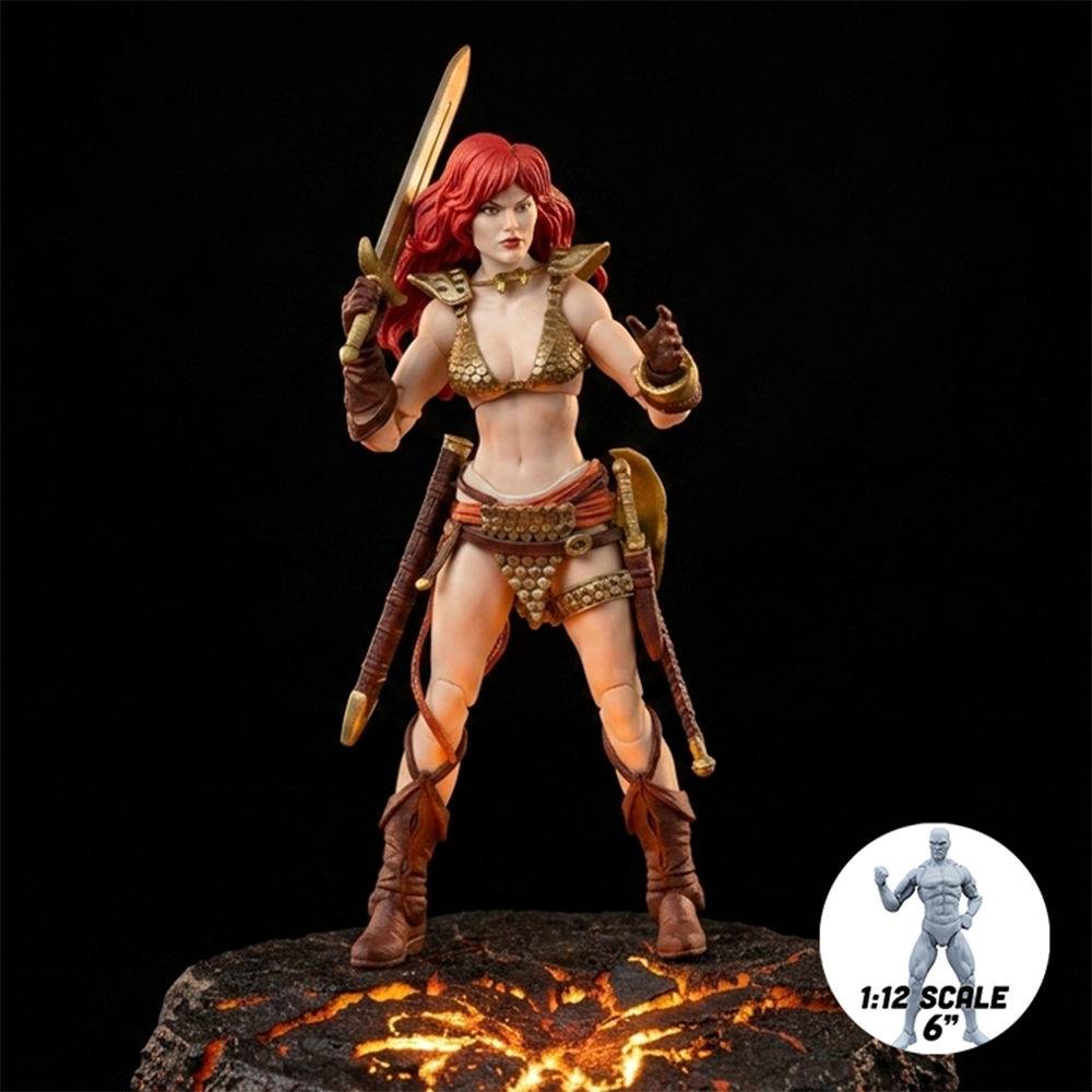 Red Sonja: Gold and Red Limited Edition Epic H.A.C.K.S. 1:12 Scale Action Figure - Boss Fight Studio displayed on lava base.