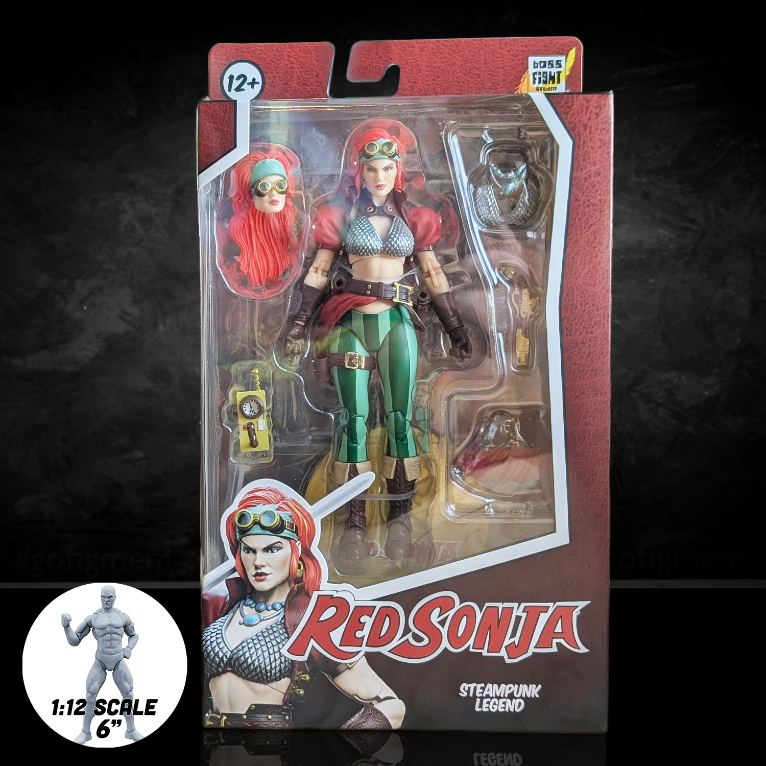 Red Sonja action figure in packaging with 'Red Sonja' branding on a dark background