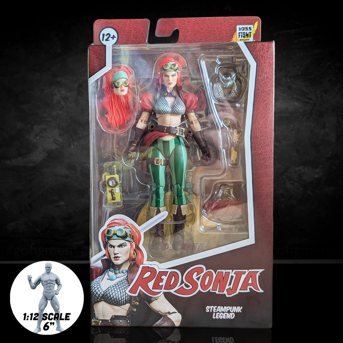 Red Sonja action figure in packaging with 'Red Sonja' branding on a dark background