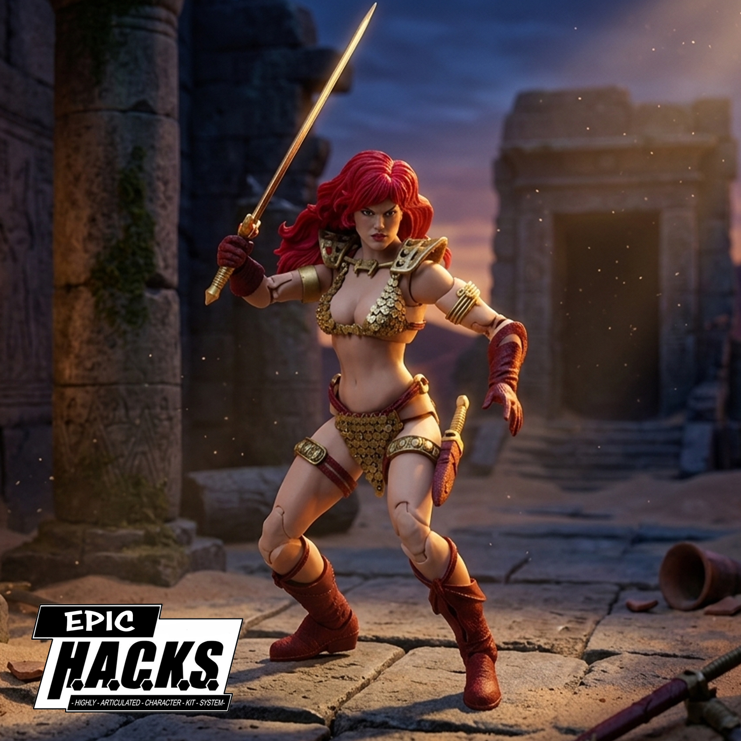 Articulated female warrior figure with red hair and gold armor posed in ancient stone ruins at dusk with sword raised.