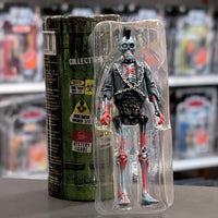 Super7 metallic blue graffiti male zombie figure with skeletal torso, chest bones, red highlights, and black jacket with chains in blister pack