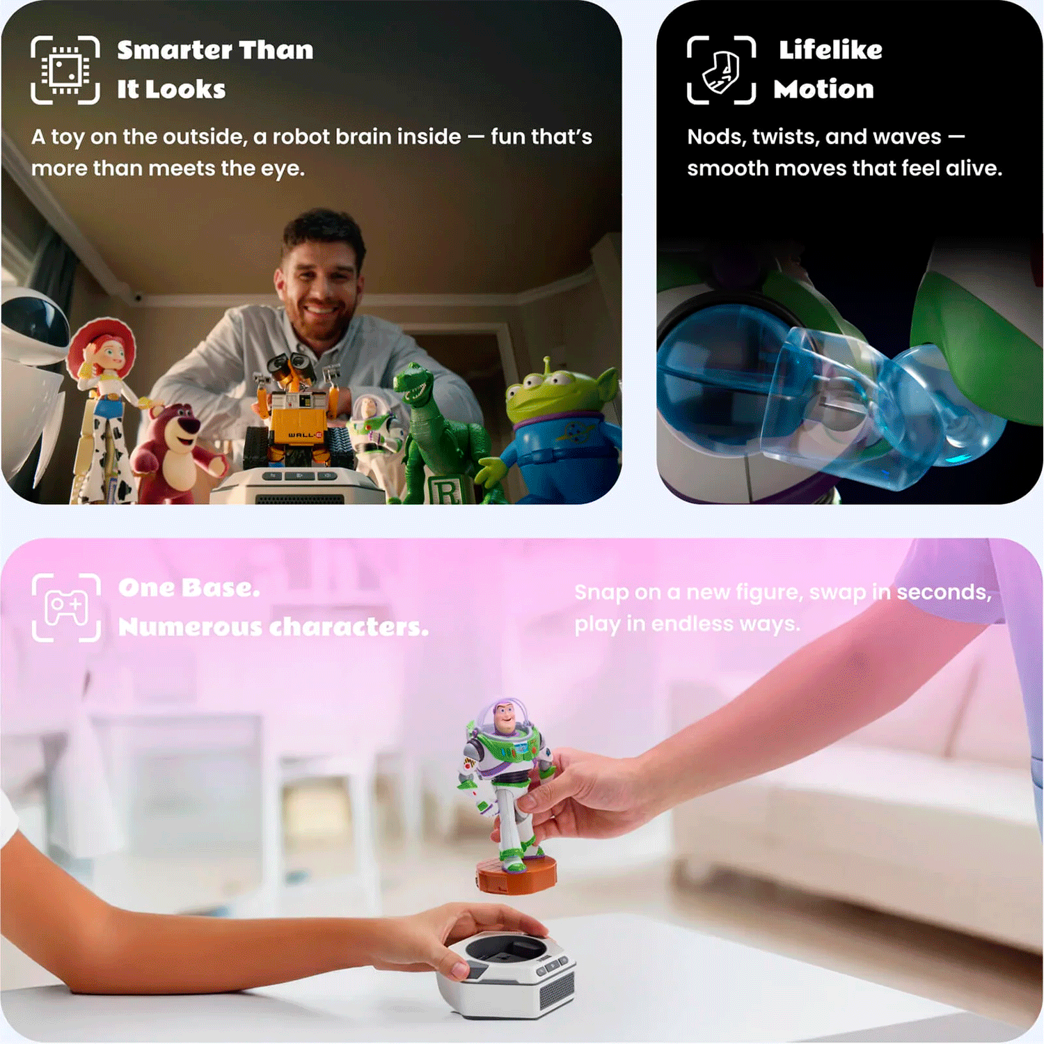 A man plays with Toy Story mini robots by Robesen Robotics showing lifelike motion and interchangeable base features.