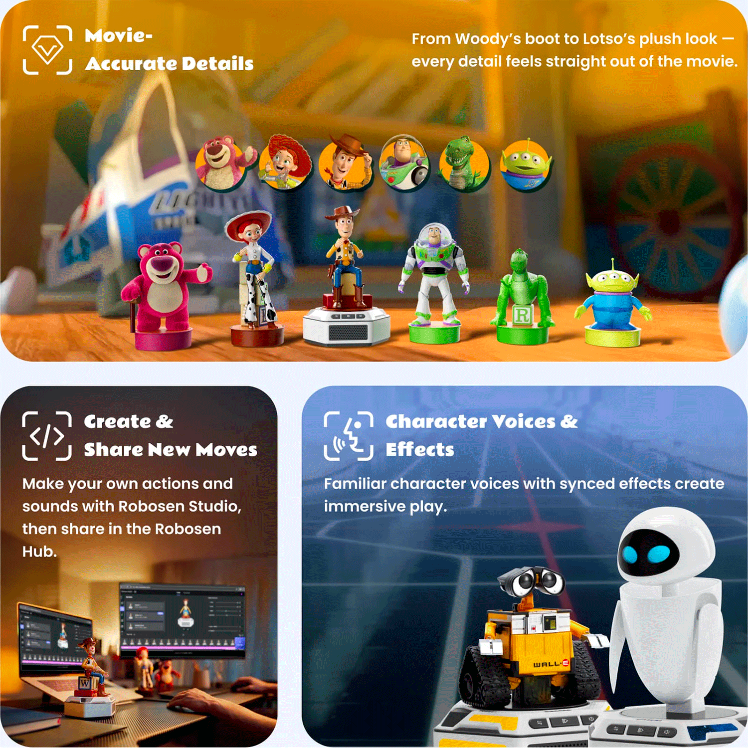 Toy Story Mini Robots Pals Pack featuring Woody, Jessie, and Robesen Robotics base with movie-accurate details and character voices.