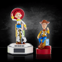 Woody and Jessie mini robot figures with bases by Robesen Robotics, posed against dark background on reflective surface