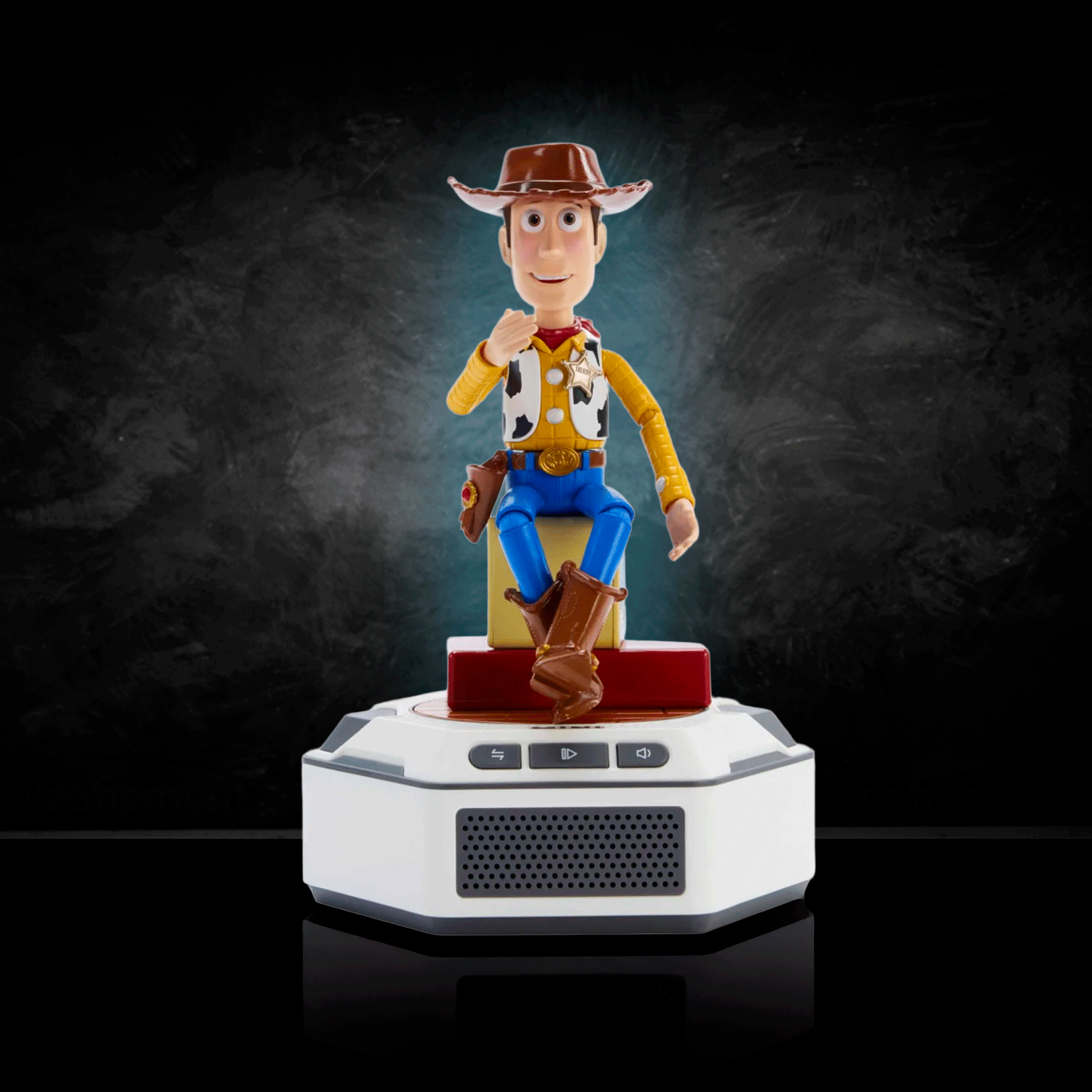 Woody robot figure sitting on a white base by Robesen Robotics with dark textured background