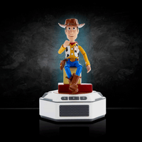 Woody robot figure sitting on a white base by Robesen Robotics with dark textured background