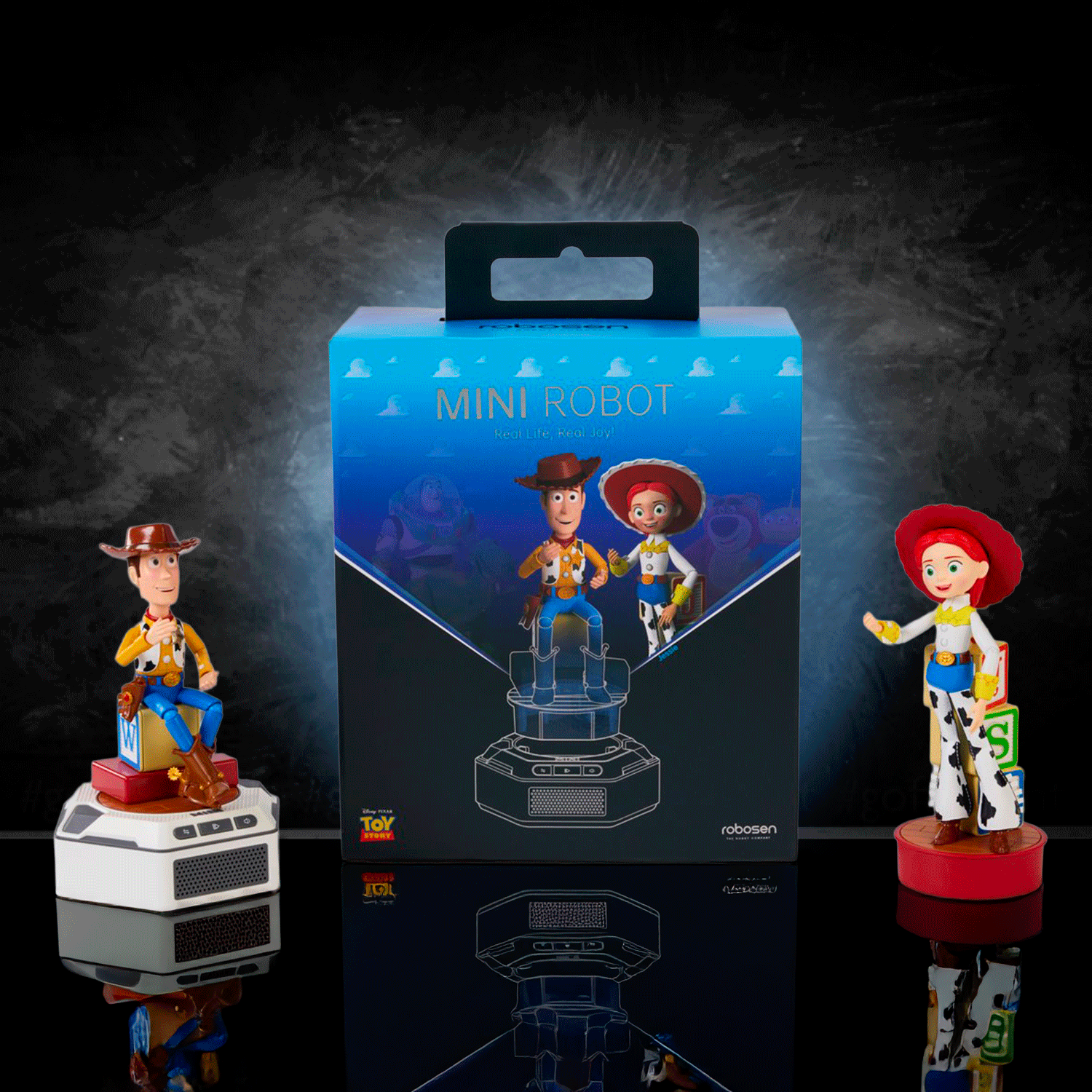Toy Story Mini Robots Woody and Jessie with base by Robesen Robotics displayed against dark background