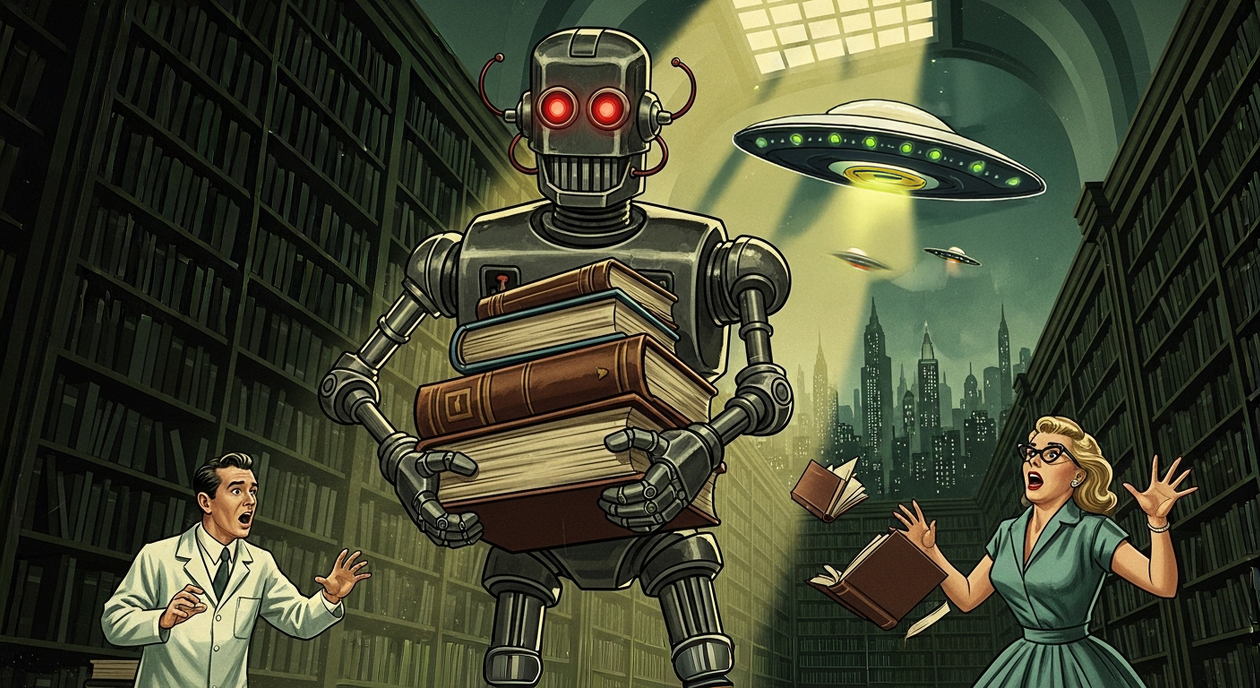 Retro-style robot carrying large stack of books inside towering library with surprised man and woman nearby under UFO light