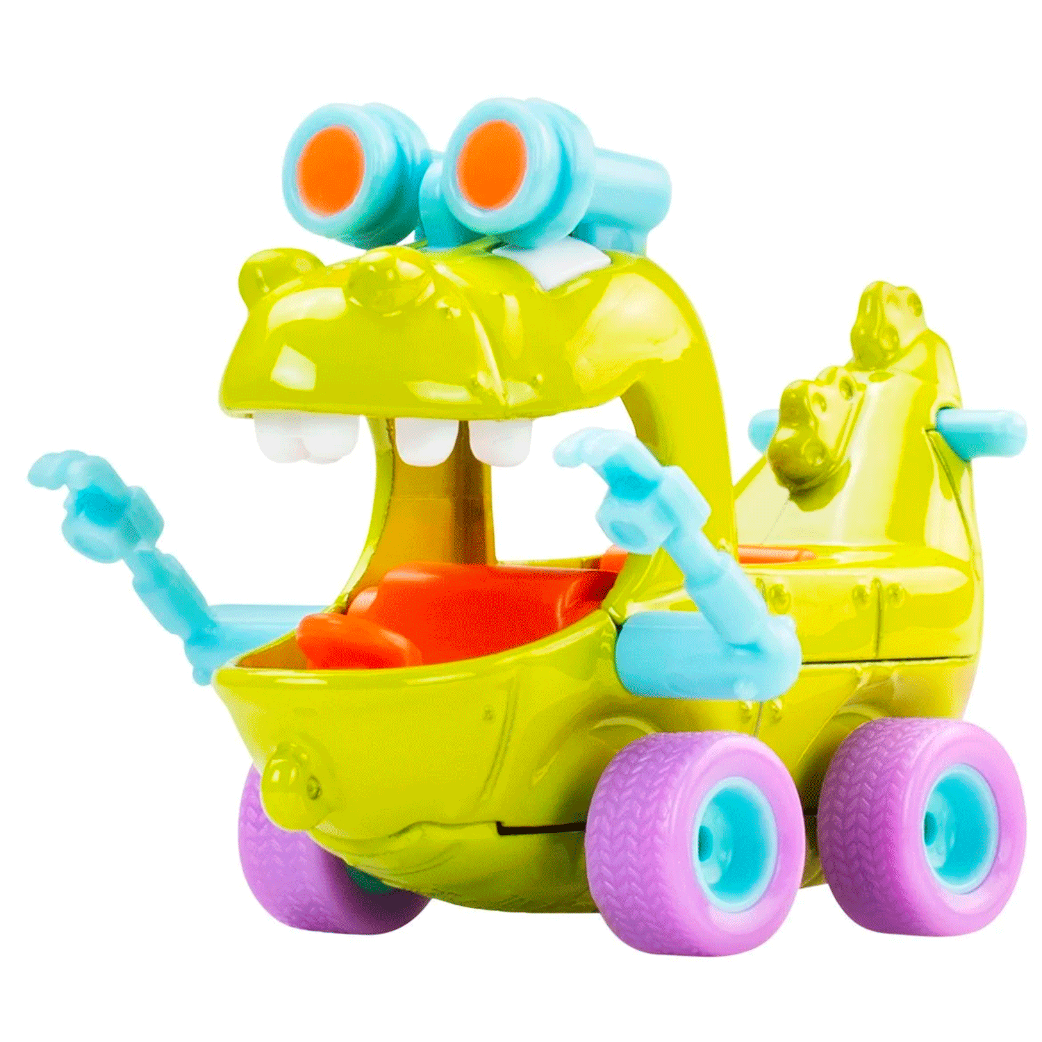 Mattel Hot Wheels Rugrats Reptar Car toy with bright green body, blue details, and purple wheels side view