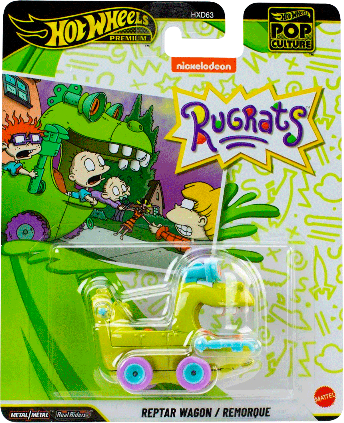 Mattel Hot Wheels Pop Culture 2026 Rugrats Reptar Wagon die-cast vehicle in colorful collectible packaging front view