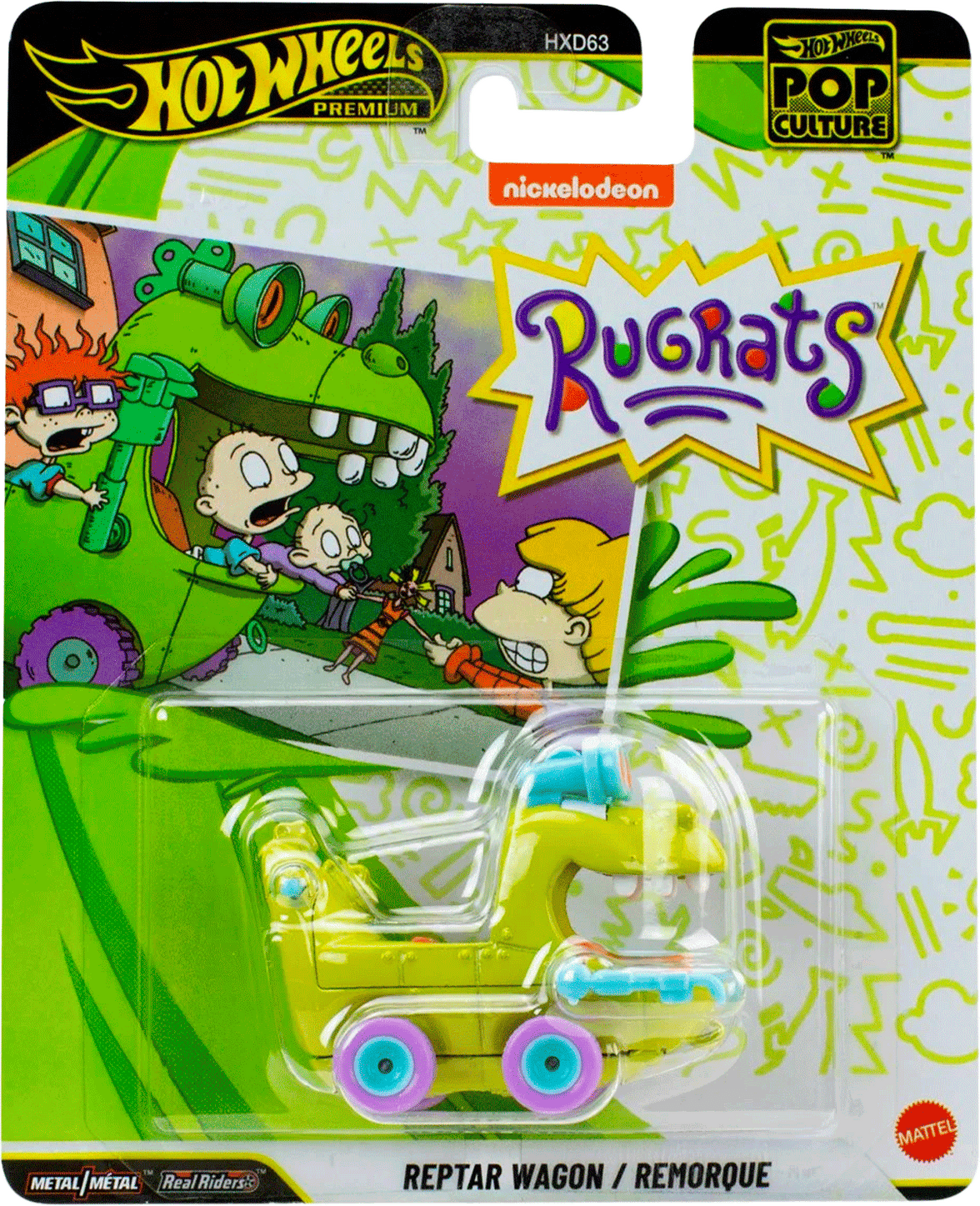 Mattel Hot Wheels Pop Culture 2026 Rugrats Reptar Wagon die-cast vehicle in colorful collectible packaging front view