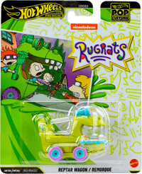 Mattel Hot Wheels Pop Culture 2026 Rugrats Reptar Wagon die-cast vehicle in colorful collectible packaging front view