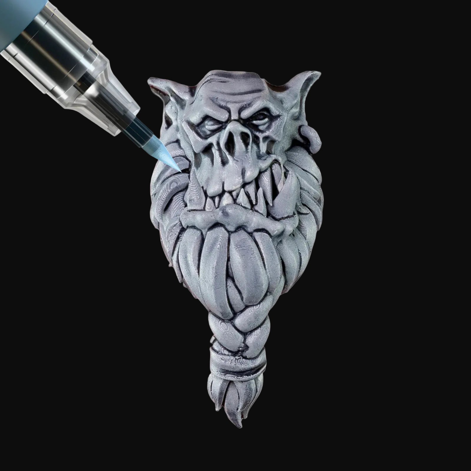 Runic Grey Army Painter Speedpaint Marker - One-Coat Miniature Paint SM1039P applying grey paint on detailed miniature fantasy face by Army Painter