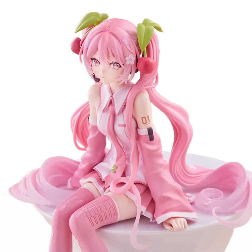 Hatsune Miku Noodle Stopper Figure Sakura Miku 2026 FuRyu Collectible seated with pink hair and cherry accessories