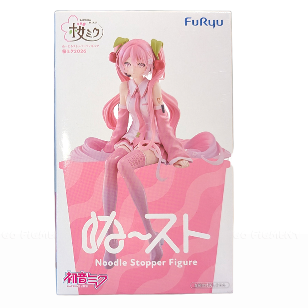 Hatsune Miku Noodle Stopper Figure Sakura Miku 2026 FuRyu Collectible in pink outfit sitting pose on box display