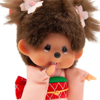 Monchhichi Sakura Kimono Girl Plush Keychain Official Sekiguchi 5.5" with flower hair clips