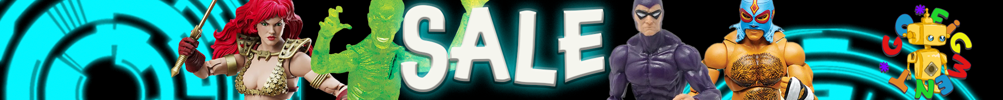 Colorful fantasy and superhero figures lined up with bold glowing SALE text and futuristic blue circuit background