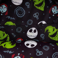 Sally Nightmare Before Christmas Loungefly Cosplay Mini-Backpack New with character faces and spooky icons printed on black fabric by Loungefly