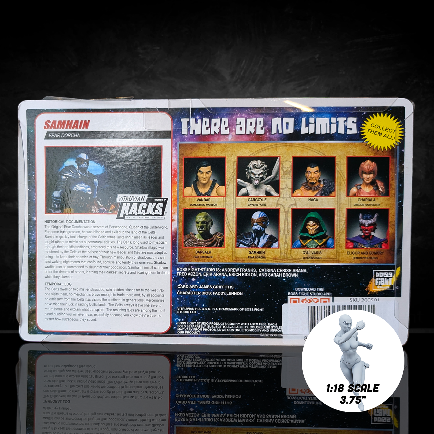 Samhain the Fear Dorcha -Vitruvian H.A.C.K.S. 1:18 Scale Action Figure by Boss Fight Studio Llc with character info card and collectible series details.