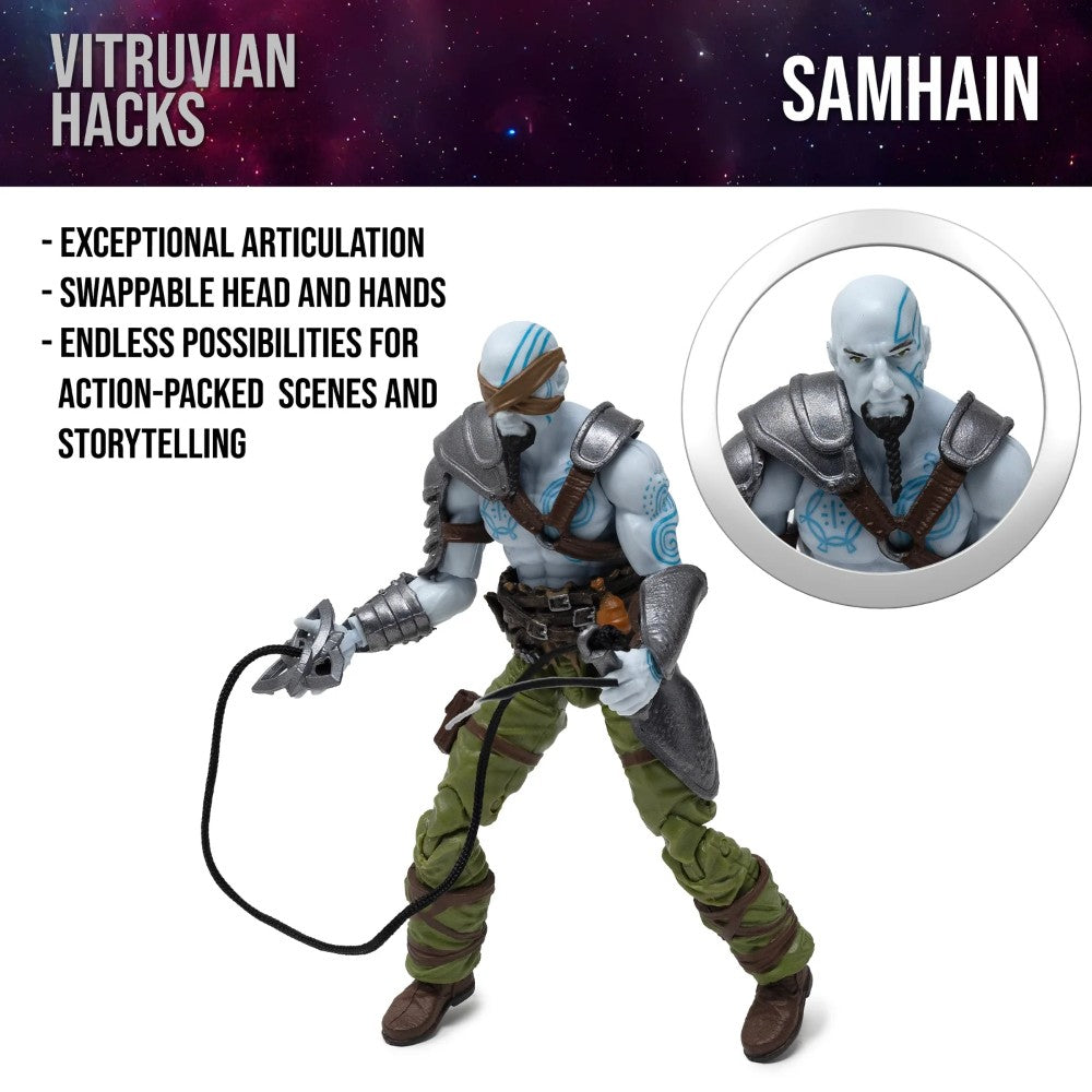 Samhain the Fear Dorcha -Vitruvian H.A.C.K.S. 1:18 Scale Action Figure by Boss Fight Studio Llc with whip and interchangeable head and hands.