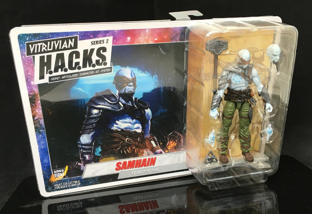 Vitruvian H.A.C.K.S. action figure in packaging with 'Samhain' branding on a dark background