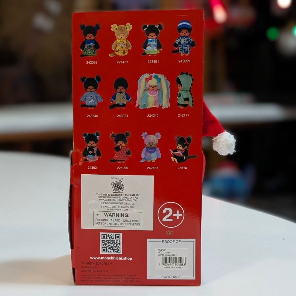 Sekiguchi Monchhichi collectible plush dolls lineup displayed on red packaging back with product codes and safety details