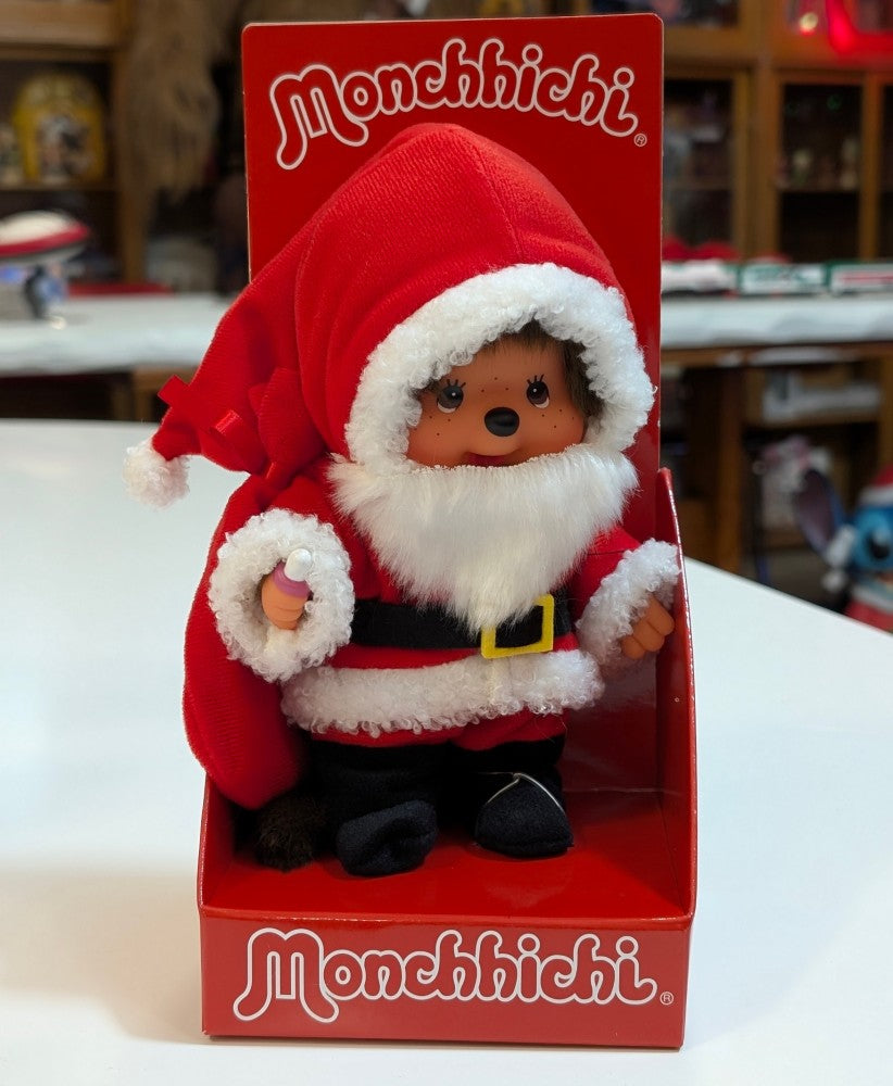 Sekiguchi Monchhichi Boy dressed as Santa Claus plush with red hood and white trim in branded packaging