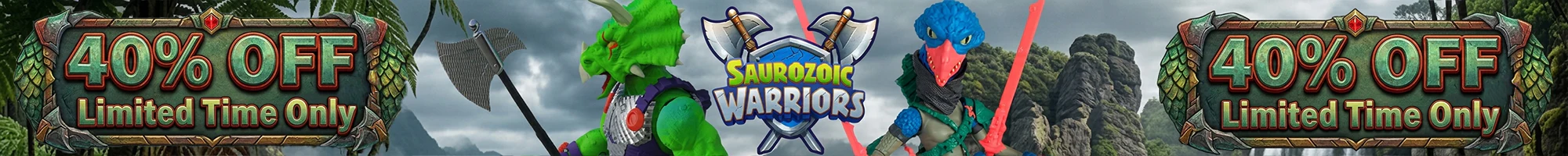 Mythical reptilian warrior figures posed on rocky terrain with jungle backdrop and promotional 40% off banners.