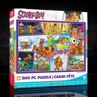 Scooby-Doo! Collage 500 Piece Jigsaw Puzzle by Master Pieces featuring colorful cartoon scenes from the Scooby Doo series
