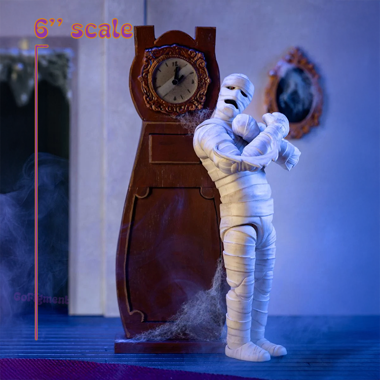 Scooby-Doo Mummy of Ankha 1:12 Scale 6-inch action figure by Jada Toys posed near antique clock in eerie setting