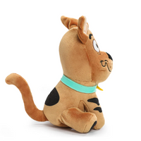 Scooby-Doo 8-Inch Phunny Plush by Kidrobot - Entertainment Earth Collectibles in side view with turquoise collar and brown fabric