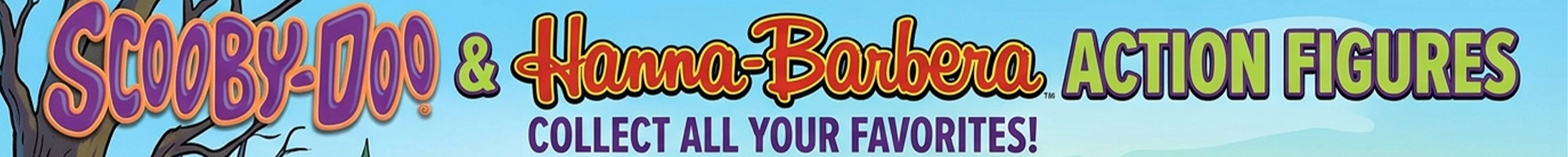 Colorful logo text for Scooby-Doo and Hanna-Barbera action figures with a blue sky background and promotional tagline above clouds